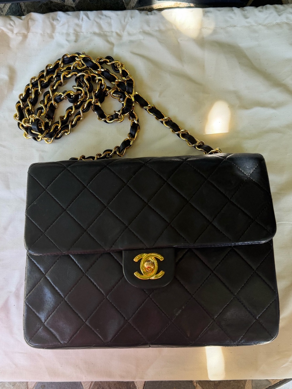Vintage 24k Gold Chanel Classic Small Square Black Lambskin bag w COA